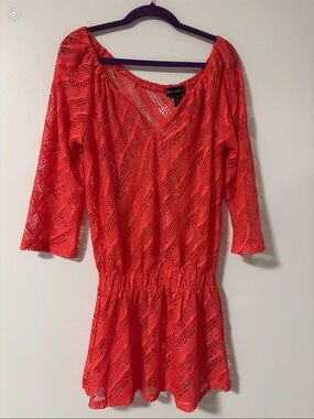 Summer Orange Open Knit Crochet V-neck Tunic coverup 3/4 sleeve top Dress Medium